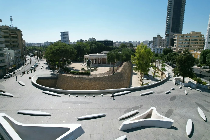 An aerial view of a skate park in a city